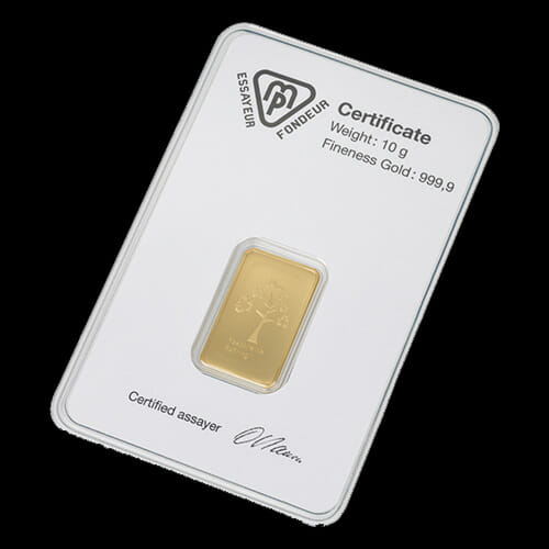 Metalor Guldbarre Stanset 10 G. Certificate back