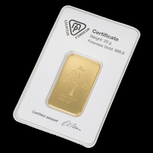 Metalor Guldbarre Stanset 20 G. Certificate back